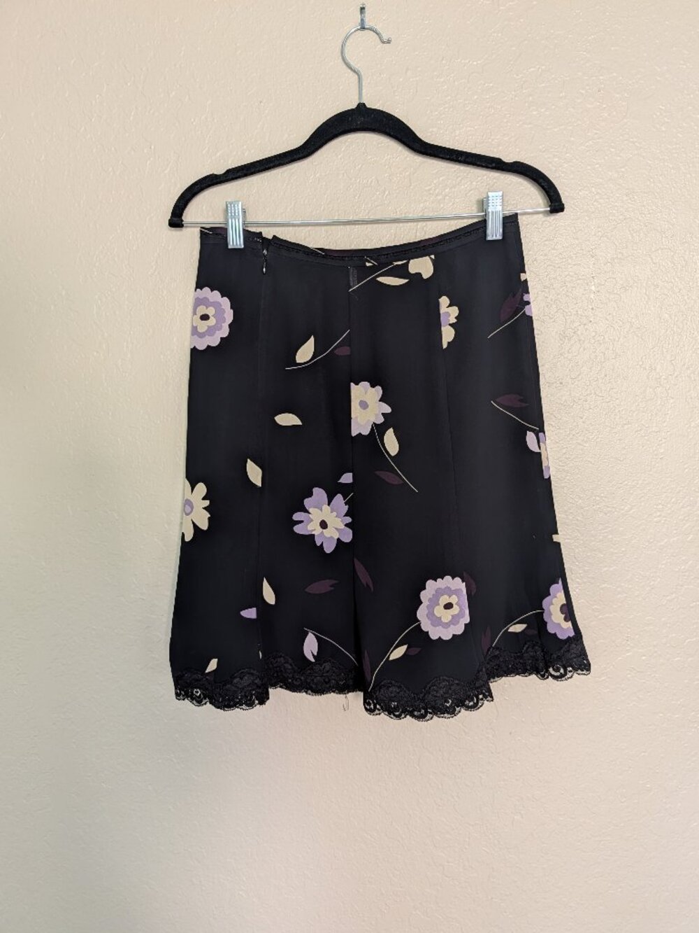 Vintage ANNEX Black Floral A-Line Skirt with Lace Trim